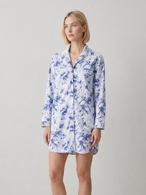 Haven Well Within Cotton Floral Poplin Button Up Nightshirt Size M Blue White